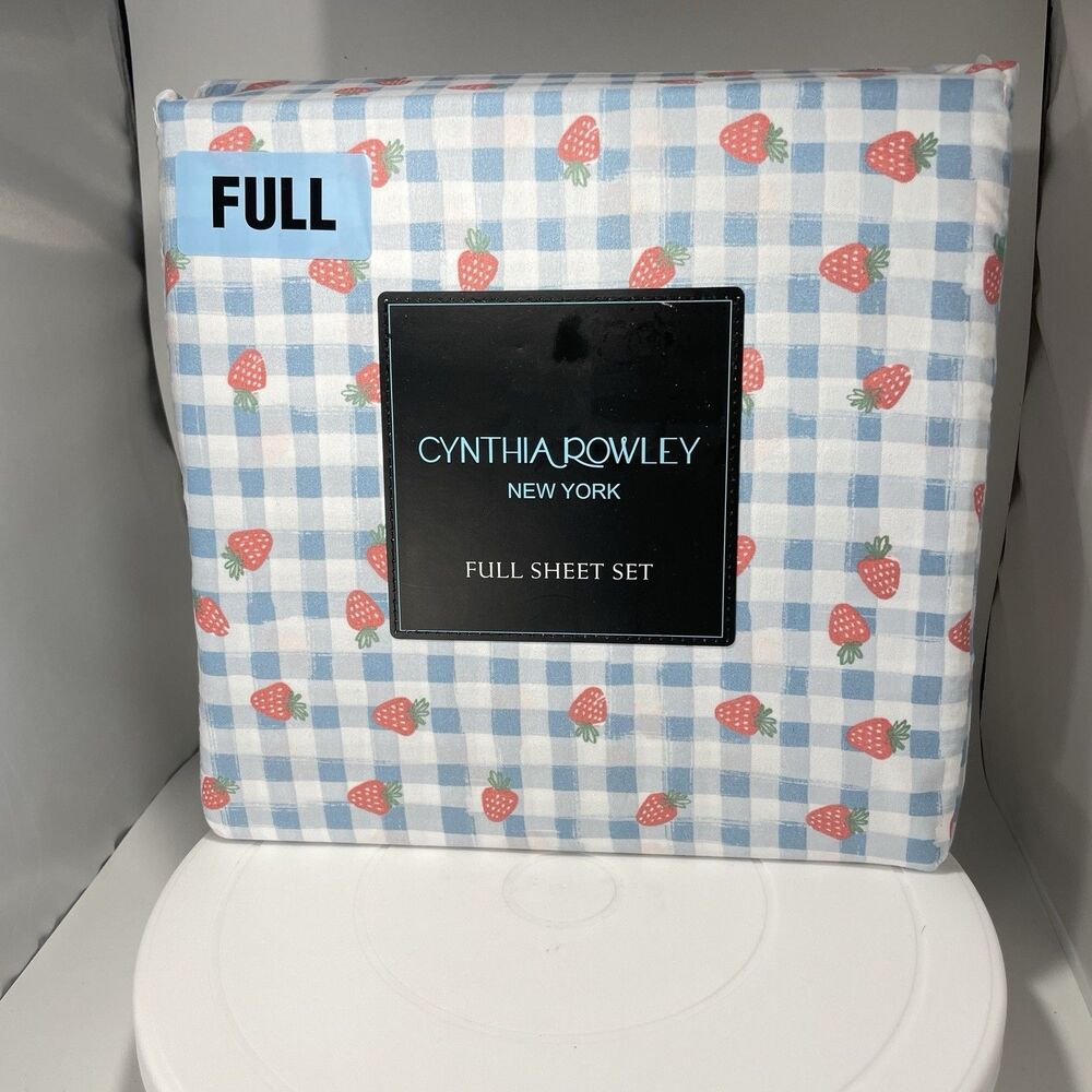 Cynthia Rowley Full Sheet Set Strawberry Gingham Blue Microfiber New